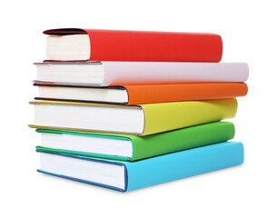 Stack of colorful books on white background