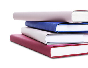 Stack of colorful books on white background