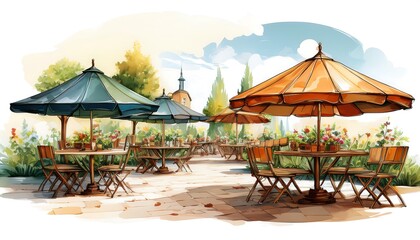 Charming Outdoor Cafe Scene with Colorful Parasol Umbrellas and Cozy Seating Arrangement in Summer