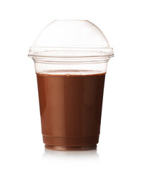 Tasty chocolate milk in plastic cup isolated on white