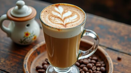 Latte art in glass mug on wooden table with roasted coffee beans