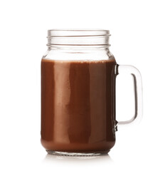 Tasty chocolate milk in glass mason jar isolated on white