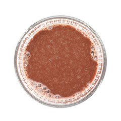 Tasty chocolate milk in glass isolated on white, top view