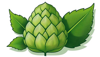 Detailed Illustration of a Green Hop Cone Surrounded by Fresh Green Leaves in a Minimalist Style