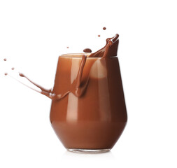 Tasty chocolate milk splashing in glass isolated on white