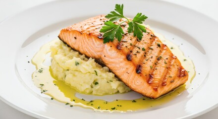 Grilled salmon fillet with Mash potato isolated on white background
