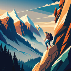 Fototapeta premium Adventurer climbing steep mountain face with rugged cliffs and distant snowy flat design