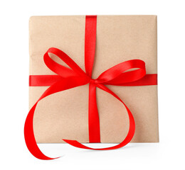 Gift wrapped in kraft paper with bow isolated on white