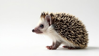 Single hedgehog, facing right, on stark white, nature, facing
