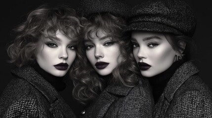 Obraz premium Trio elegant women dark studio portrait, fashion