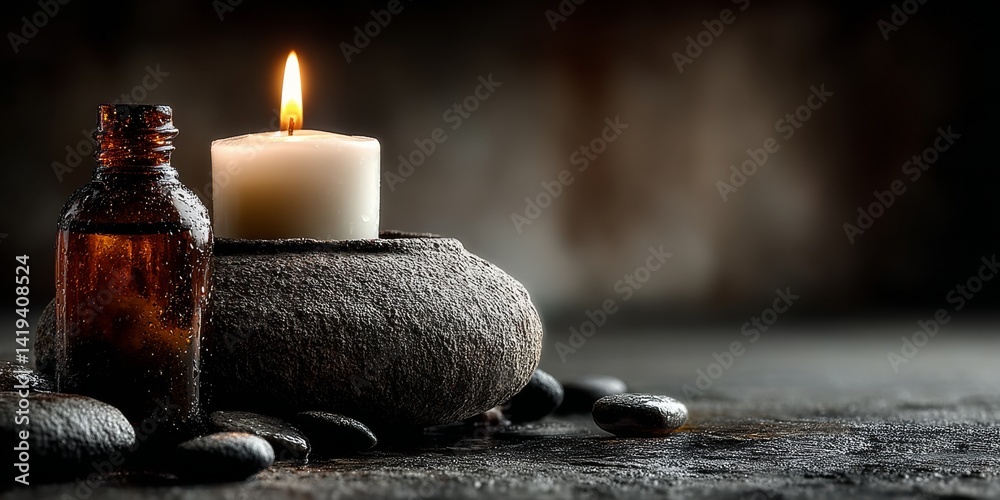 Aufkleber warm glow of a white candle illuminating a textured stone surface, creating a serene and peaceful at