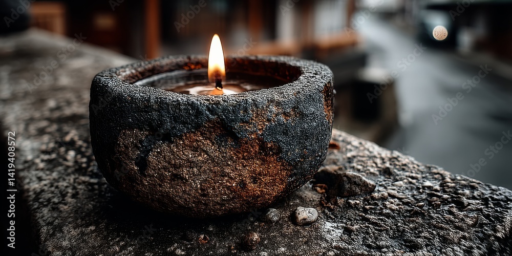 Poster White Candle Flickering Gently in a Rustic Clay Holder Casting a Serene Glow Over a Textured Stone Surface, Creating an Atmosphere of Calm and Tranquility