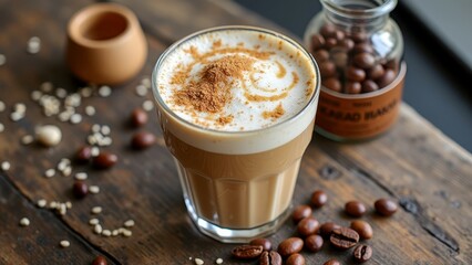 Delicious cinnamon latte with coffee beans on rustic wooden table