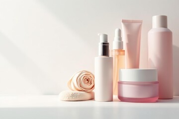 Luxury skincare products on pristine white background, studio, powder, glossy