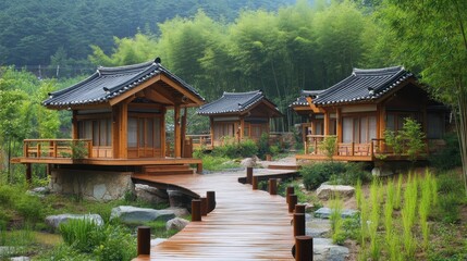 Fototapeta premium Small korean houses with a walkway nestled in nature