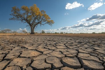 Fototapeta premium Dry cracked earth with lone tree