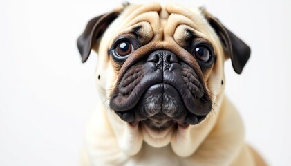 Obraz premium Wrinkled pug looking directly at camera, pure white backdrop, expression, loyal