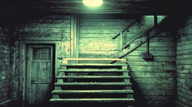 Mysterious wood interior with stairs leading up and a weathered door in dimly lit cellar under a single lamp.