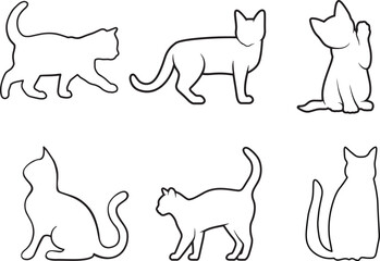 Collection of Black and White Cat Outlines in Various Poses for Minimalistic Pet Designs
