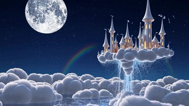 Fairytale castle floating on clouds, dreamy fantasy night sky with moon, rainbow and waterfalls