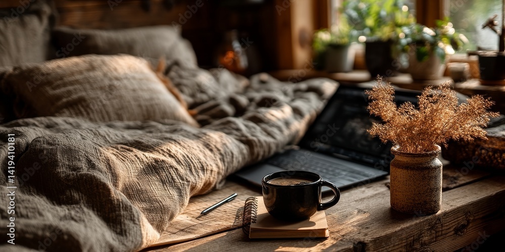 Poster Cozy Workspace With Open Laptop, Coffee, and Notebook on a Textured Linen Bedspread in Natural Light, Creating a Warm and Inviting Atmosphere for Creativity