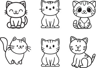 Set of Black and White Cartoon Cat Illustrations in Cute Poses for Pet Themes
