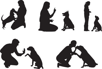 Set of Black Silhouettes of People and Dogs Interacting for Pet Care and Training Themes