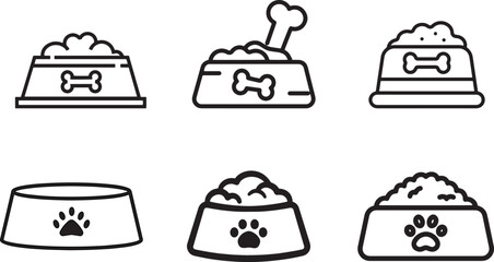 Set of Black and White Pet Bowl Illustrations with Food and Paw Prints for Animal Care Themes