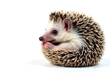 Obraz premium Tiny hedgehog curled in a ball, isolated on pure white background, dark, brown, small