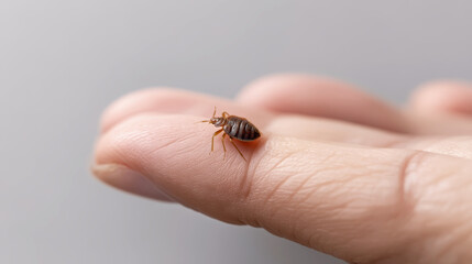Bed bug crawling across human fingertip, revealing tiny parasitic insect threatening home cleanliness