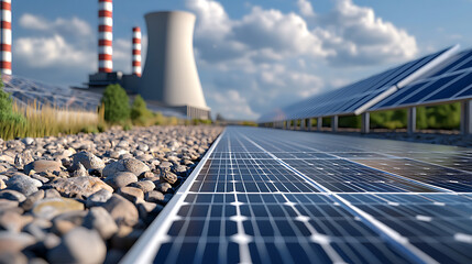 Renewable energy development industrial area photovoltaic solar panels sustainable environment ground level clean energy concept