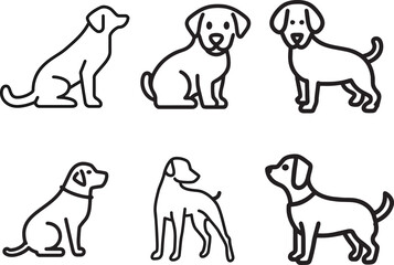 Collection of Black and White Dog Outlines in Various Poses for Minimalistic Pet Designs