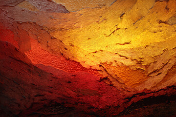 Textured abstract image with red and gold hues, resembling a landscape or molten metal, showcasing a dynamic and fiery aesthetic