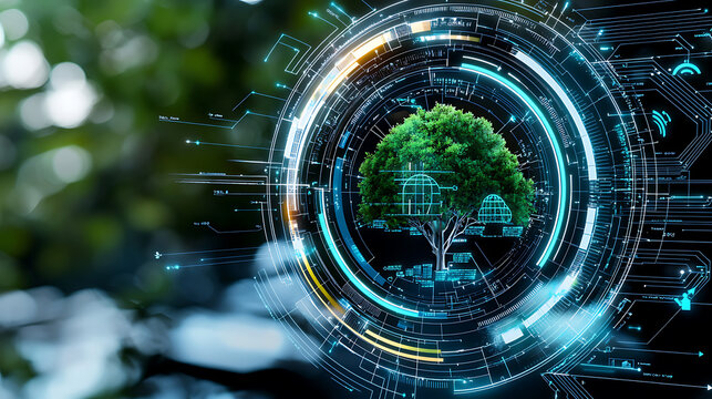 Digital nature tree visualization with futuristic elements in a tech environment artistic viewpoint environmental concept