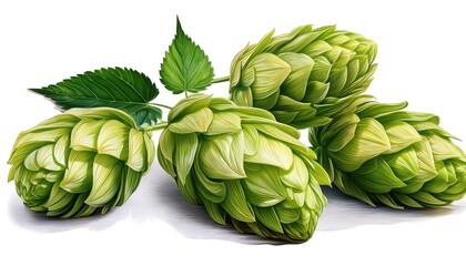 Obraz premium Fresh Green Hop Cones with Leaf Isolated on White Background Perfect for Brewing and Culinary Use