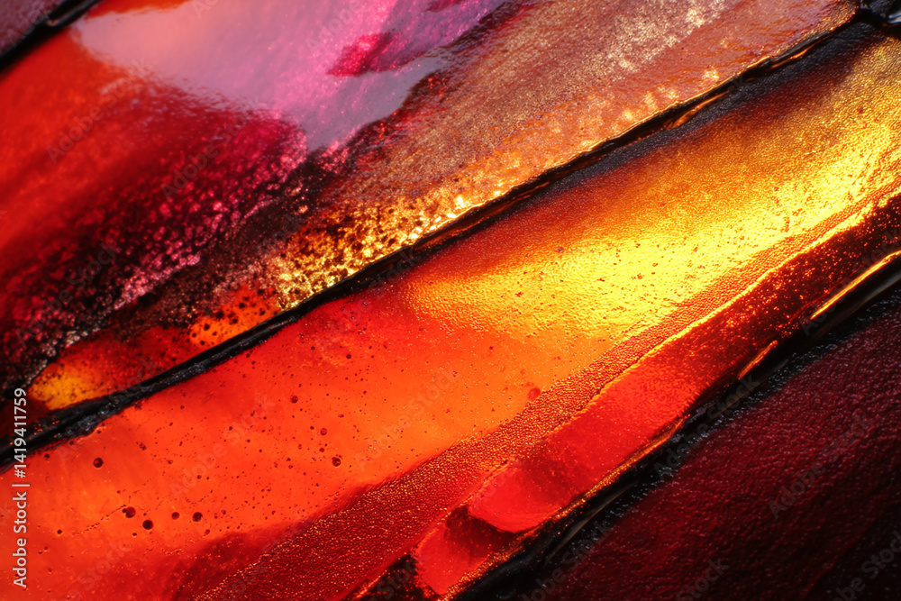 Poster close-up of red and gold textured surface, showing depth and variation in color intensity, suggestiv