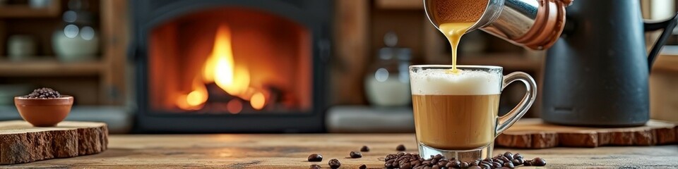 Cozy fireplace coffee scene with freshly brewed espresso and rustic ambiance