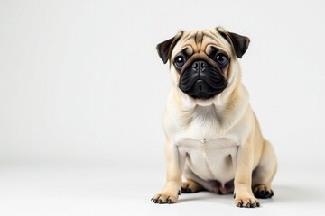 Obraz premium Adorable pug dog sits alone against white backdrop, expression, front view, domestic