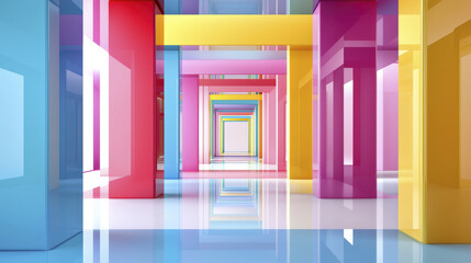 Vibrant 3D geometric shapes create colorful and dynamic space, evoking sense of wonder and creativity