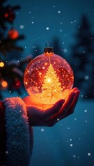 Glowing orb suspended in mid-air by jolly Santa's hand, santa claus, glowing orb, festive decoration