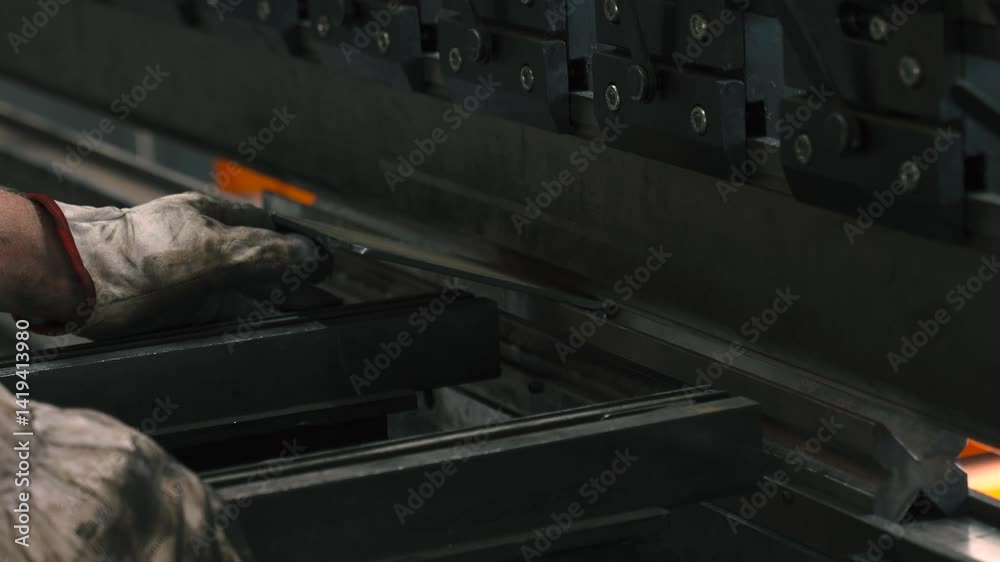 Poster in a bustling workshop, an operator skillfully bends sheet metal using a precision machine. the proc
