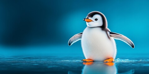 Fototapeta premium A charming penguin standing on icy ground against a striking blue background.
