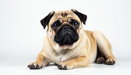 Wrinkled pug, relaxed pose, pure white backdrop, fawn, portrait, dog portrait