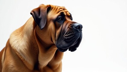 Fototapeta premium Imposing mastiff head and shoulders, pure white backdrop, detail, shoulders