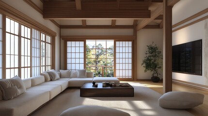 Fototapeta premium Japandi living room features light wood tones and natural light