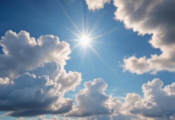 Aged paper, vibrant blue sky, fluffy clouds, sunbeams ,  spring,  glow