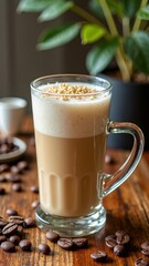 Creamy latte with sprinkled topping on wooden table with coffee beans and plant