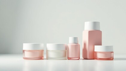 Variety of cosmetic containers, pristine white setting, eyeshadow, tools