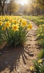 Cheerful daffodil blossoms bathed in sunlight, idyllic countryside scene, image, flower, seasonal
