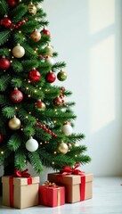 Christmas tree surrounded by festive holly and mistletoe, winter decorations, mistletoe, holly